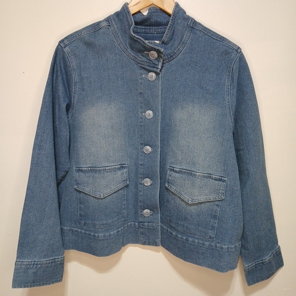 Christopher & Banks Women's XL Crop Denim Swing Jacket Nehru Collar Flap Pockets